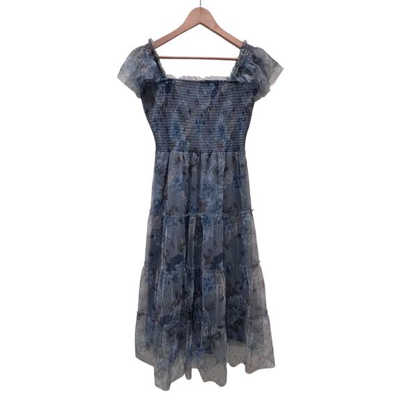 Baltic Born Clementine Blue Floral Midi Bohemian Smocked Tulle Dress - Picture 10 of 14